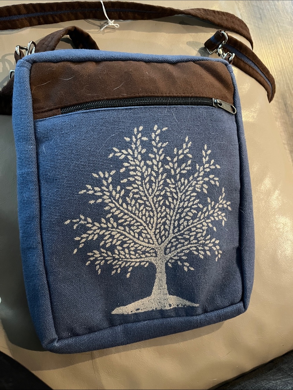 Blue Canvas Tree-Print Crossbody Bag by